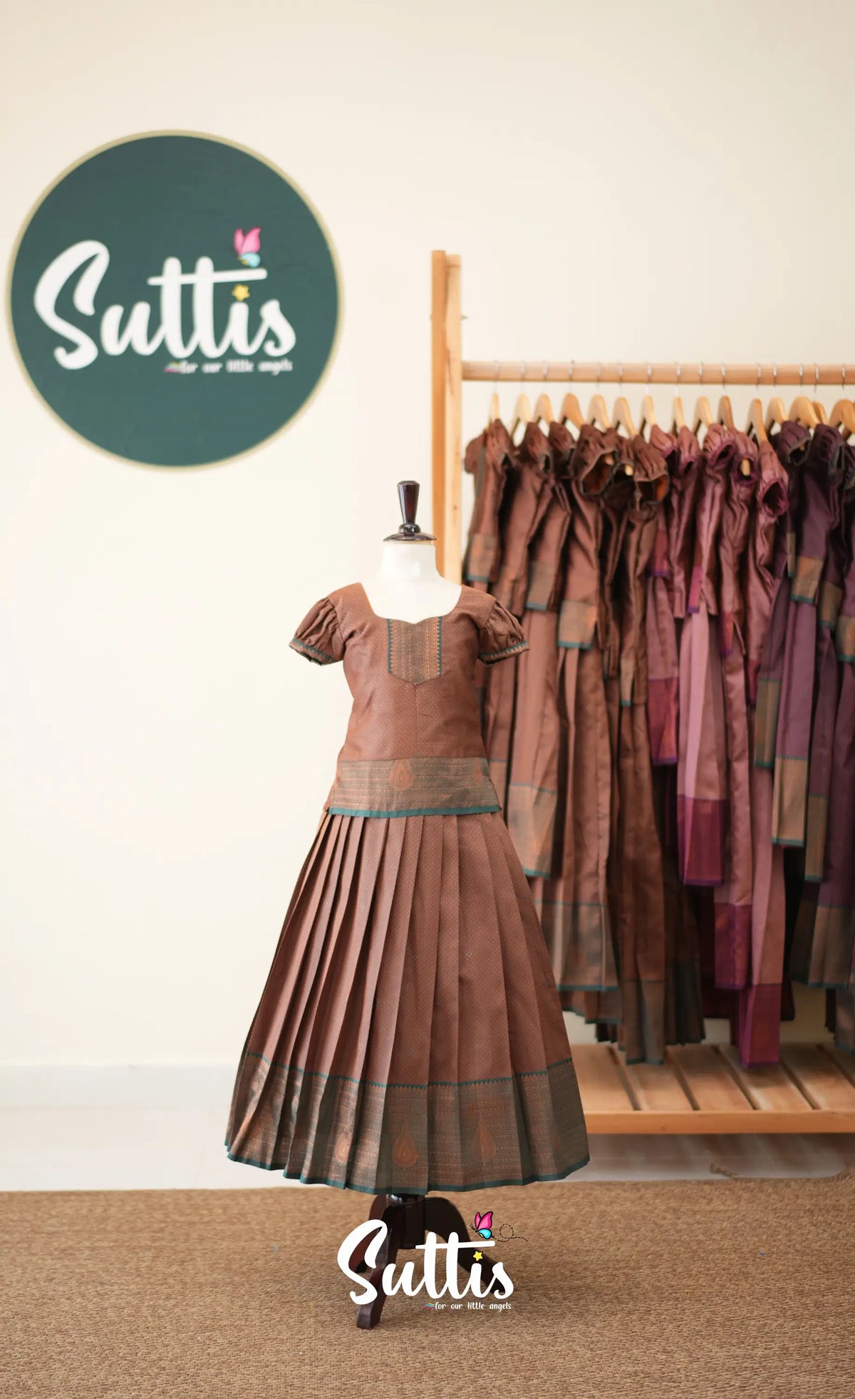 Blended Silk Pavadai Sattai - Brown and Deep Green - Kids-Suttis