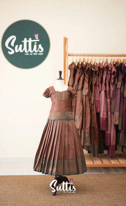Blended Silk Pavadai Sattai - Brown and Deep Green - Kids-Suttis