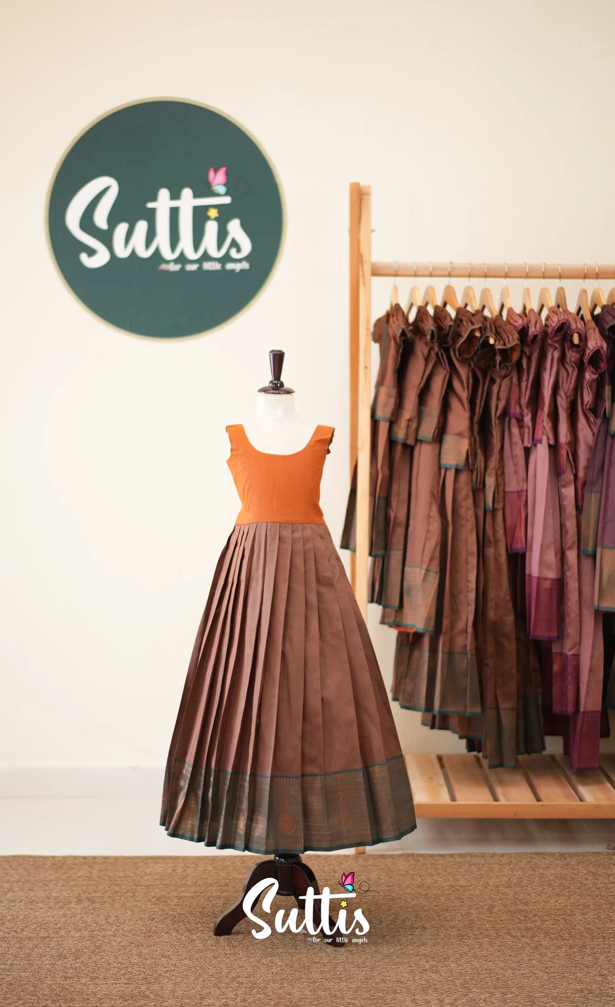 Blended Silk Pavadai Sattai - Brown and Deep Green - Kids-Suttis