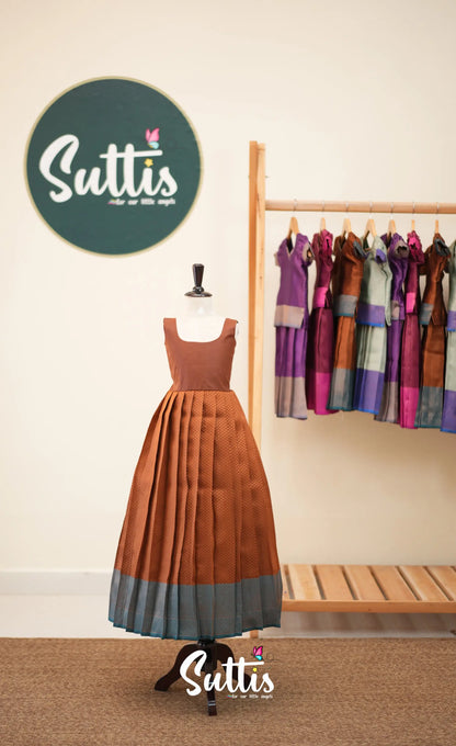Blended Silk Pavadai Sattai - Brown and Teal Blue - Kids-Suttis