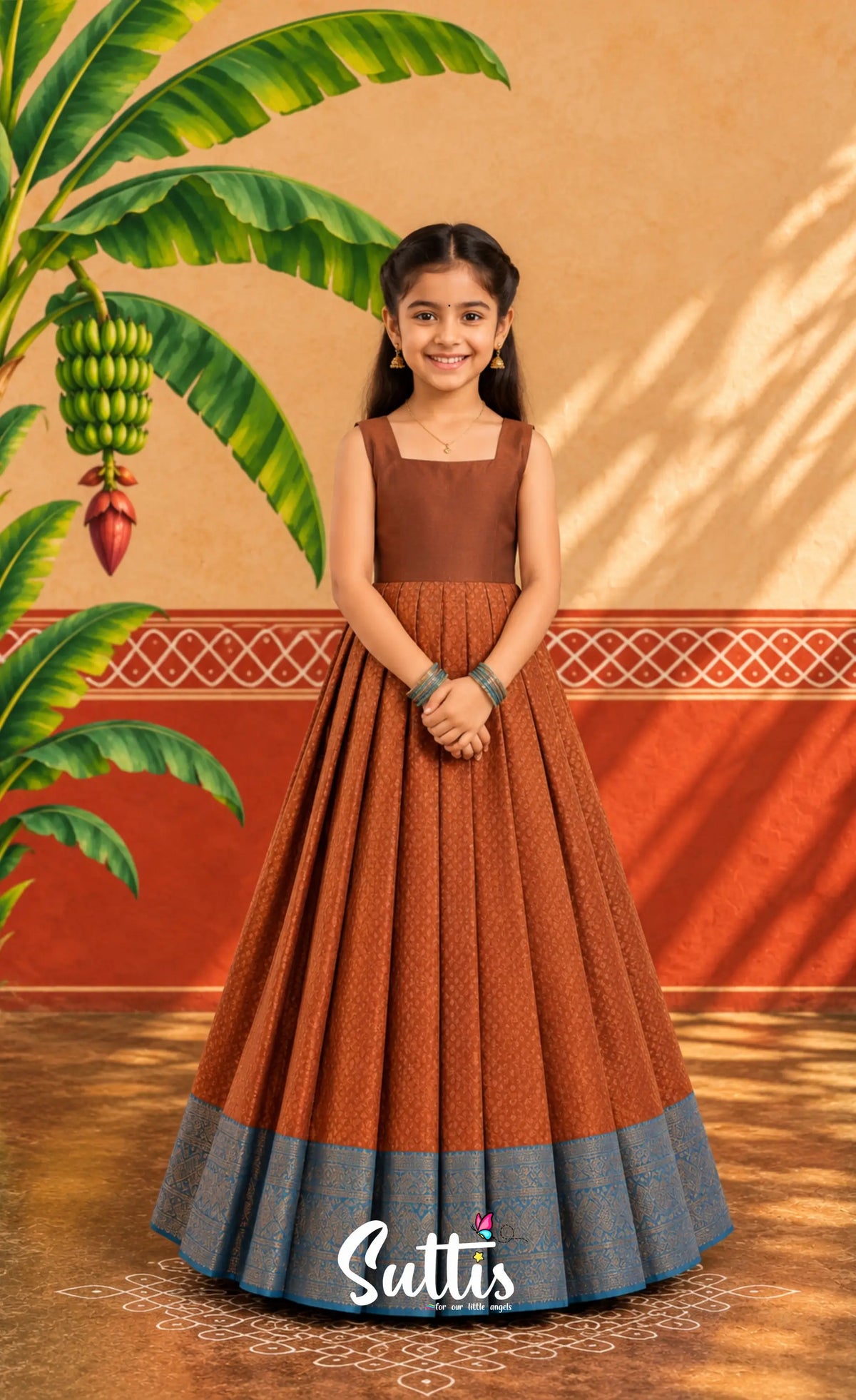 Blended Silk Pavadai Sattai - Brown and Teal Blue - Kids-Suttis