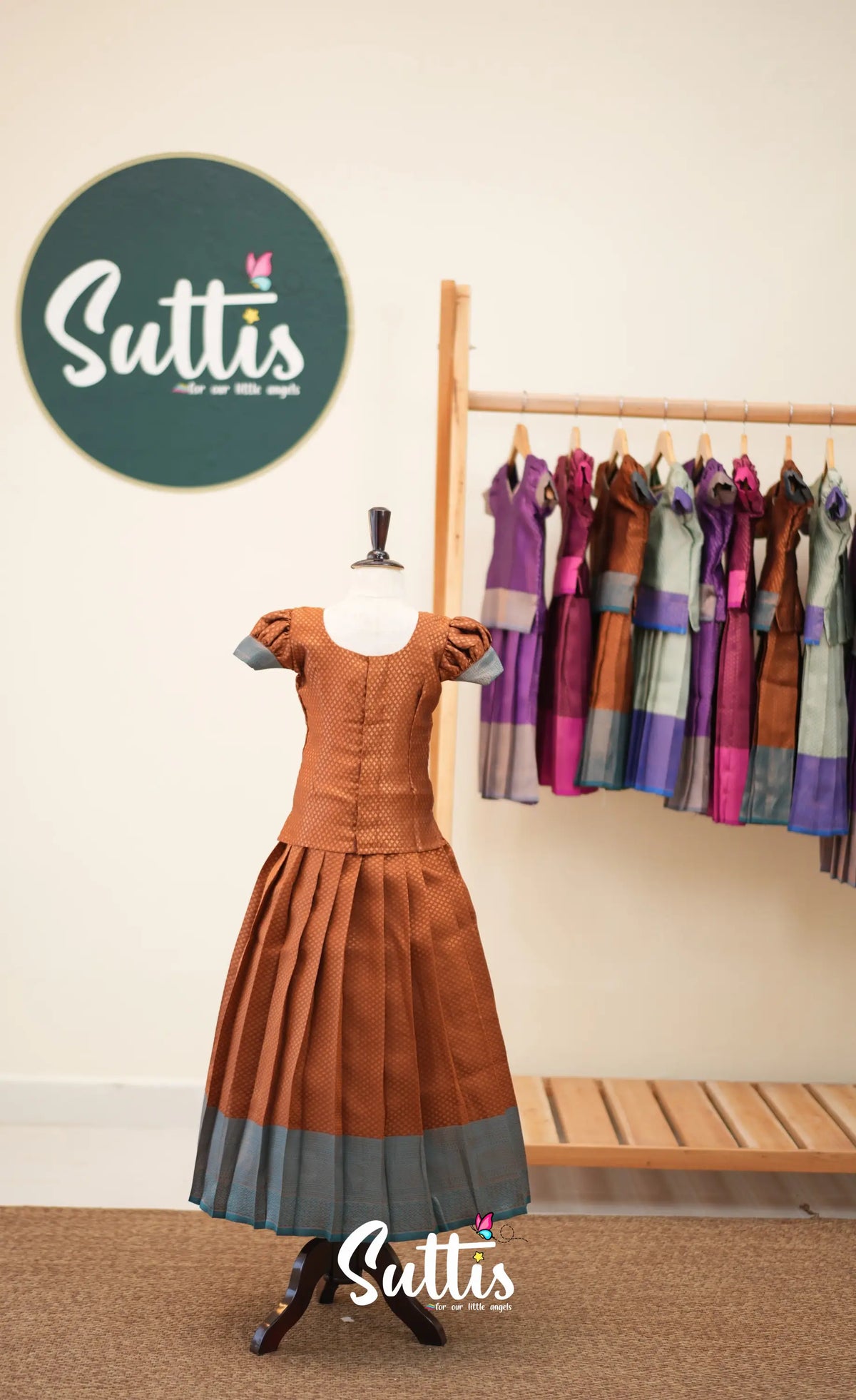 Blended Silk Pavadai Sattai - Brown and Teal Blue - Kids-Suttis