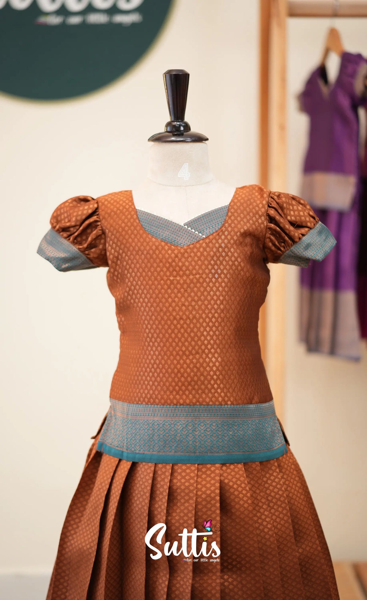 Blended Silk Pavadai Sattai - Brown and Teal Blue - Kids-Suttis