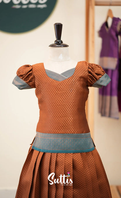 Blended Silk Pavadai Sattai - Brown and Teal Blue - Kids-Suttis