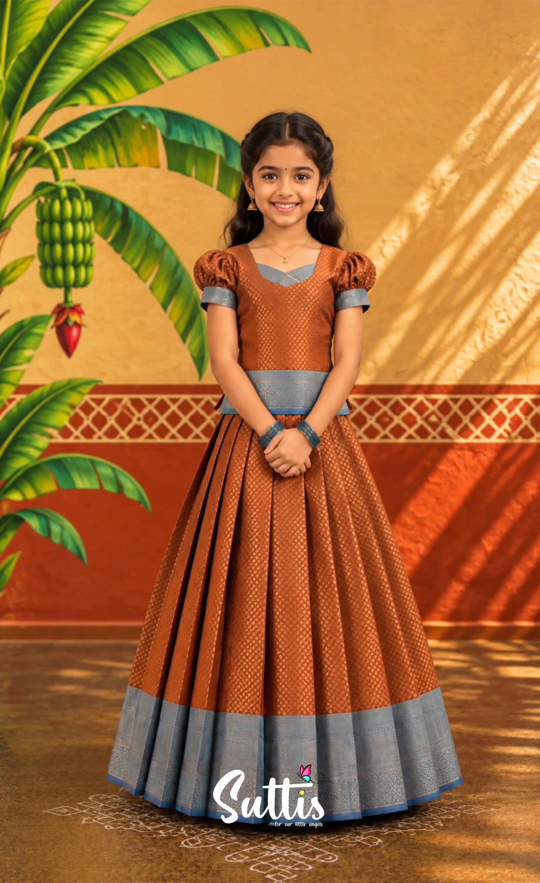Blended Silk Pavadai Sattai - Brown and Teal Blue - Kids-Suttis