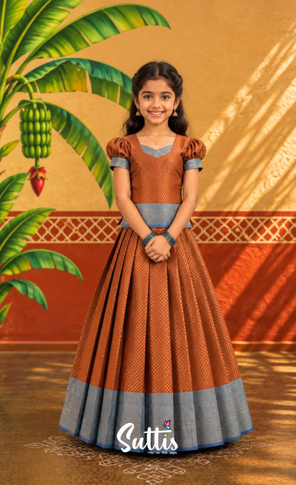 Blended Silk Pavadai Sattai - Brown and Teal Blue - Kids-Suttis