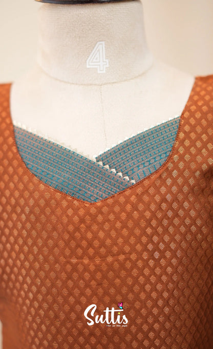 Blended Silk Pavadai Sattai - Brown and Teal Blue - Kids-Suttis