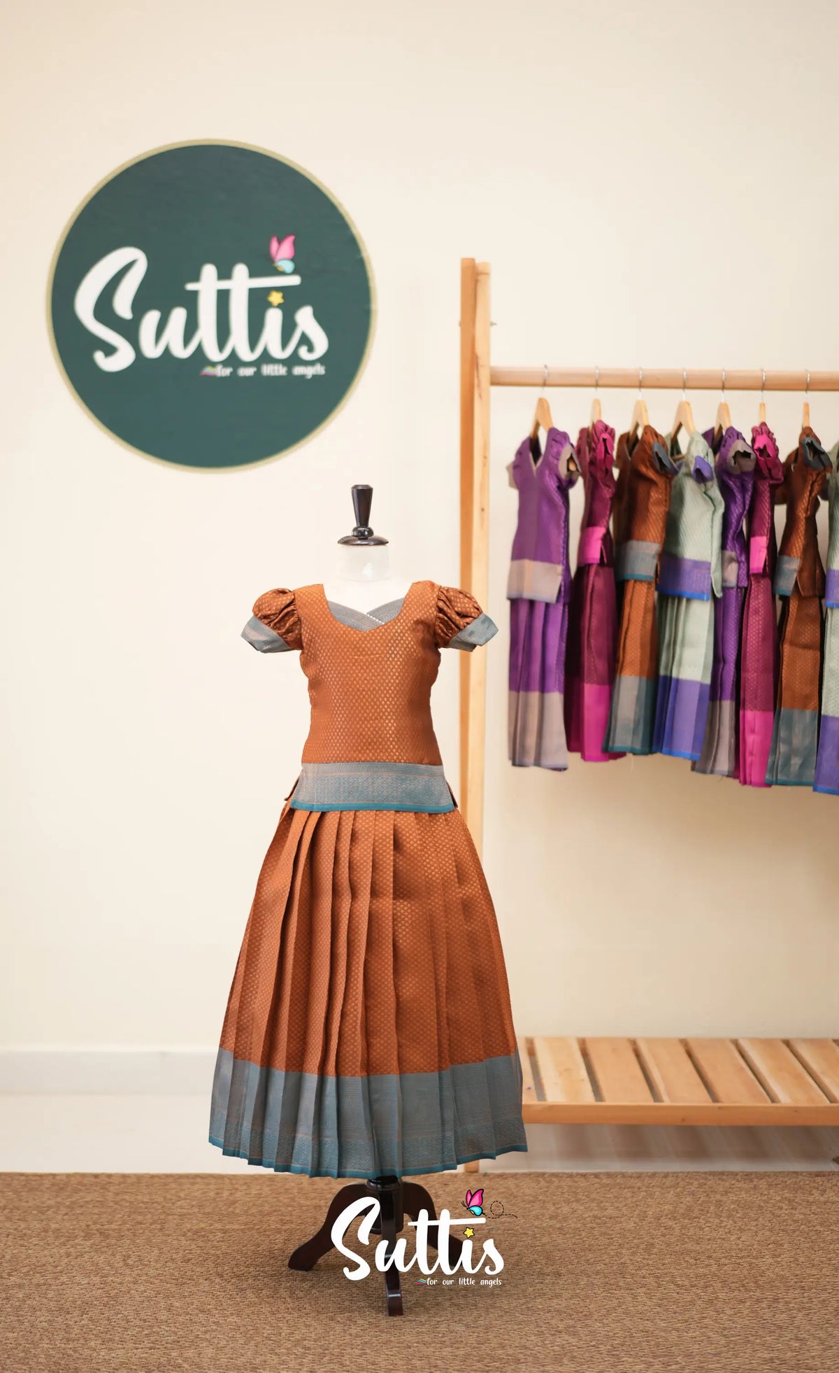 Blended Silk Pavadai Sattai - Brown and Teal Blue - Kids-Suttis