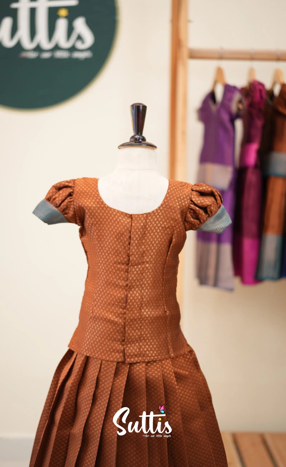 Blended Silk Pavadai Sattai - Brown and Teal Blue - Kids-Suttis