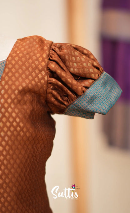 Blended Silk Pavadai Sattai - Brown and Teal Blue - Kids-Suttis