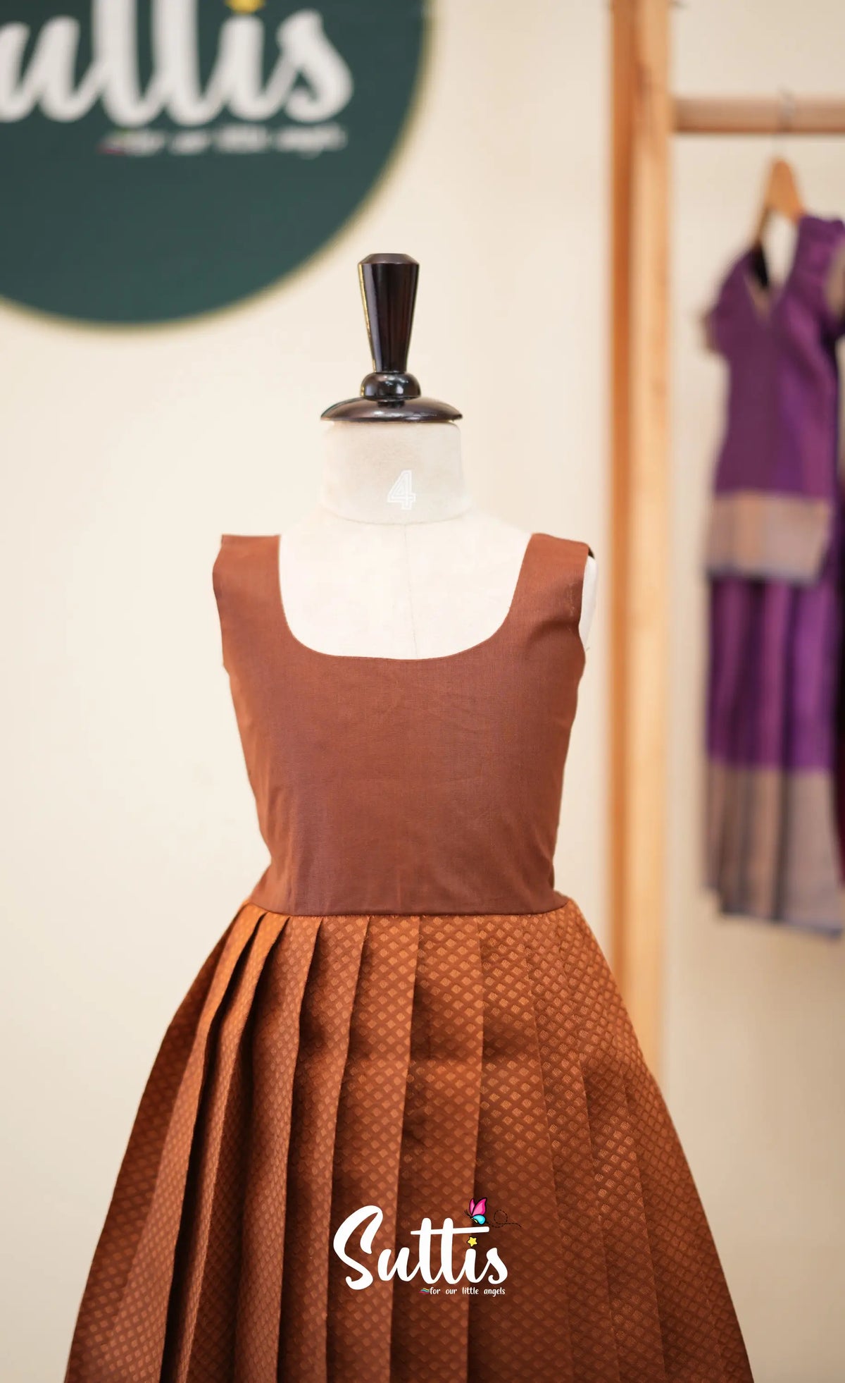 Blended Silk Pavadai Sattai - Brown and Teal Blue - Kids-Suttis