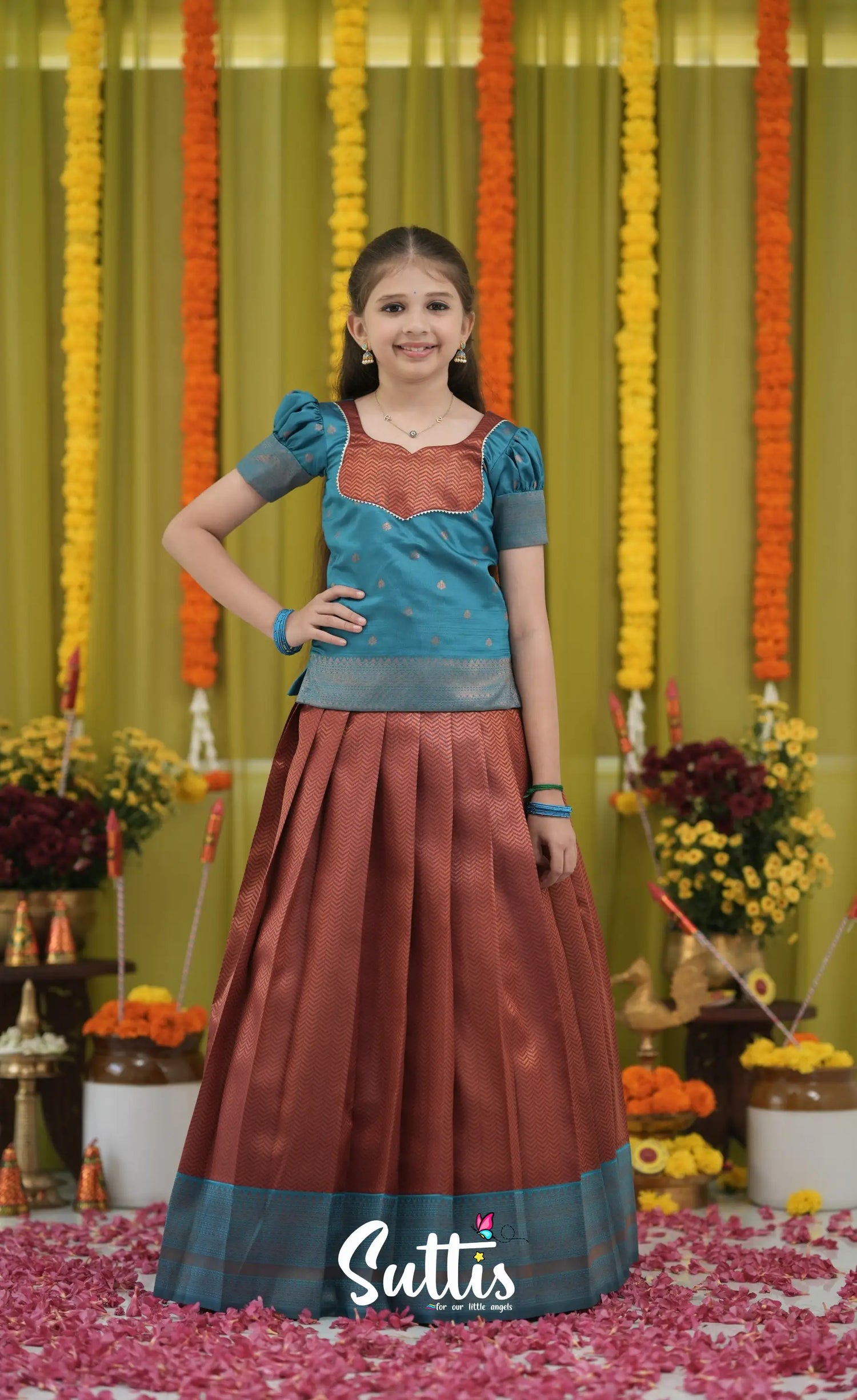 Blended Silk Pavadai Sattai - Brownish copper and Teal Kids-Suttis