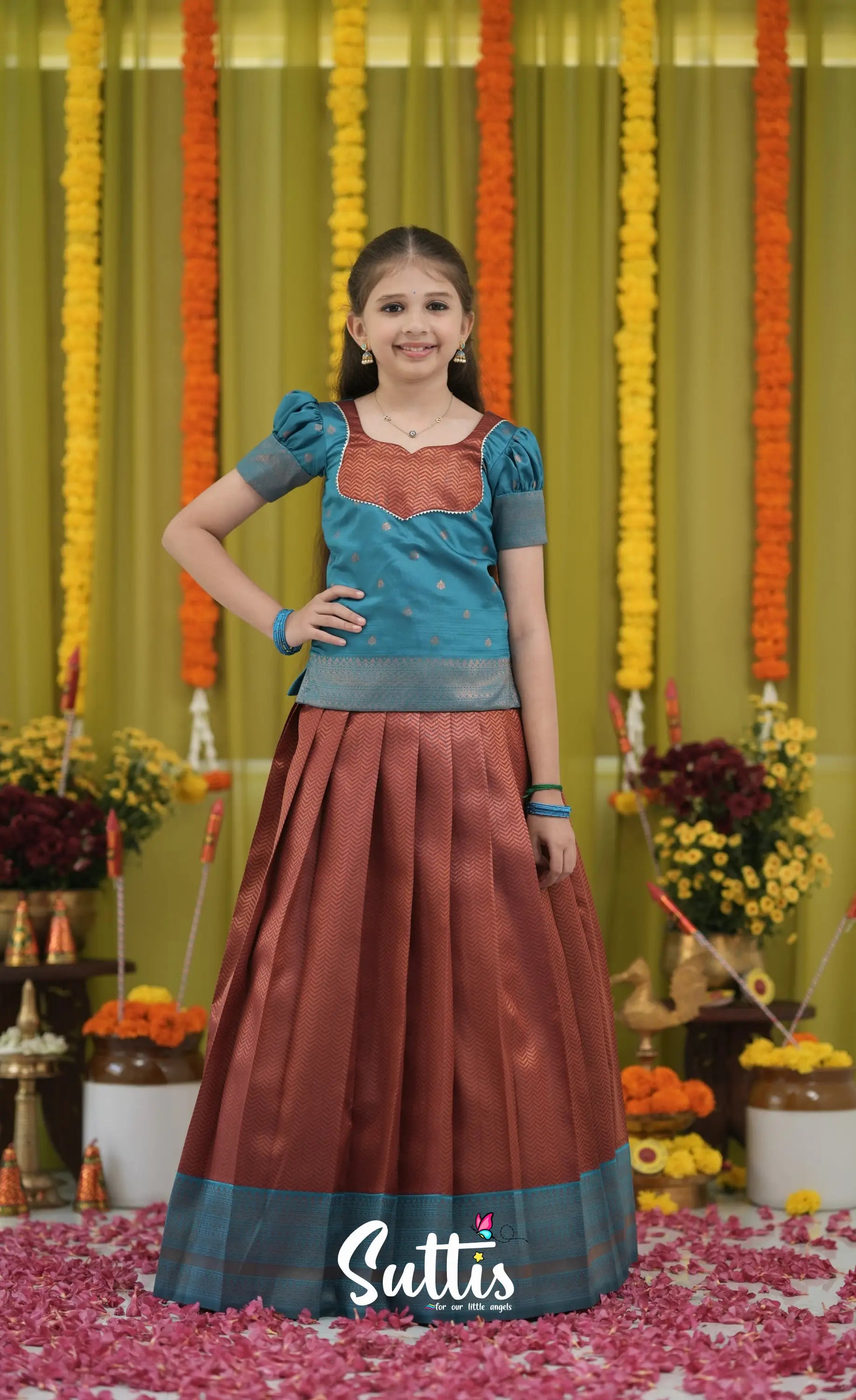 Blended Silk Pavadai Sattai - Brownish copper and Teal Kids-Suttis