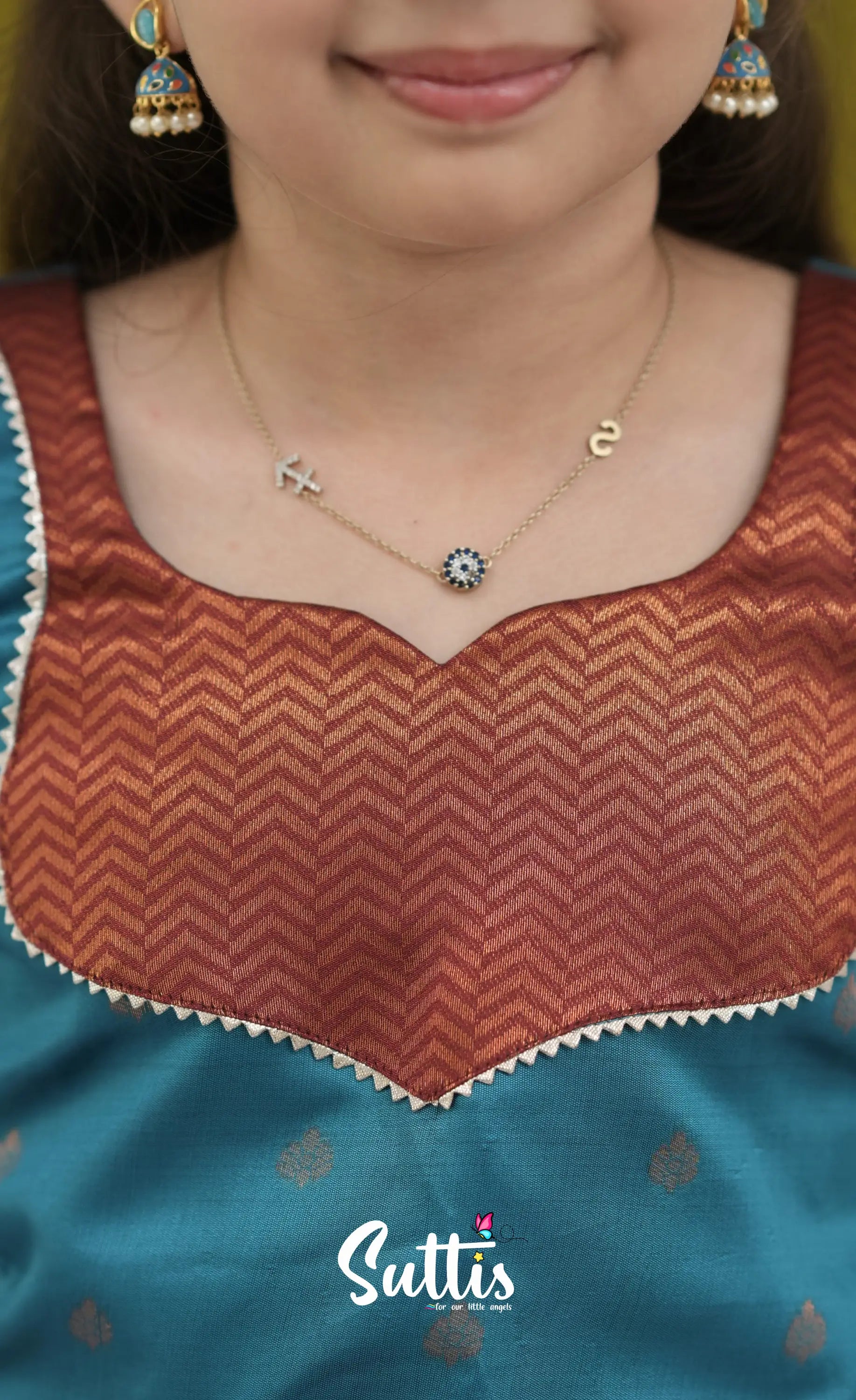 Blended Silk Pavadai Sattai - Brownish copper and Teal Kids-Suttis