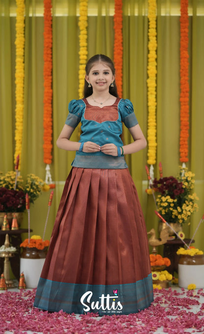Blended Silk Pavadai Sattai - Brownish copper and Teal Kids-Suttis