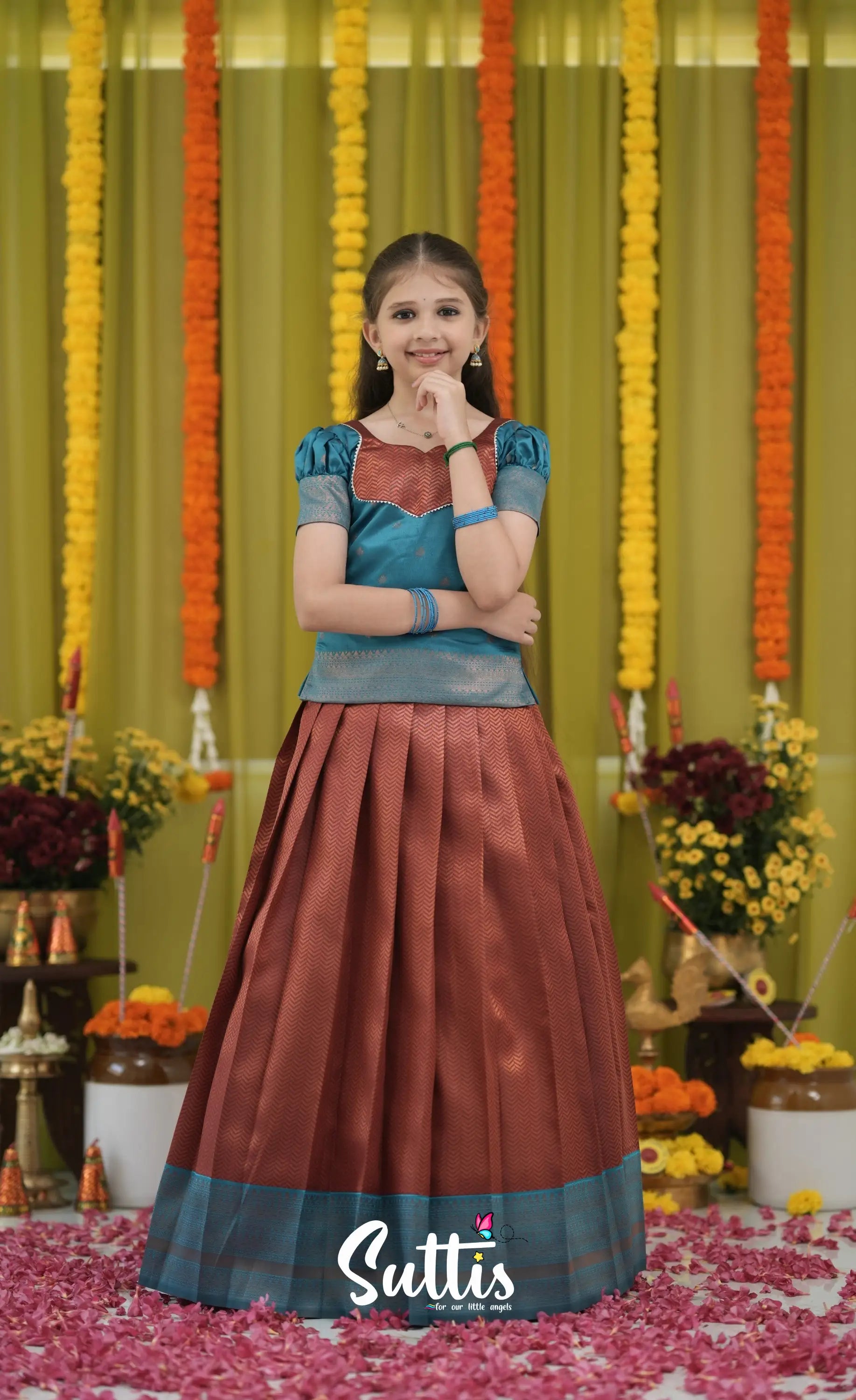 Blended Silk Pavadai Sattai - Brownish copper and Teal Kids-Suttis