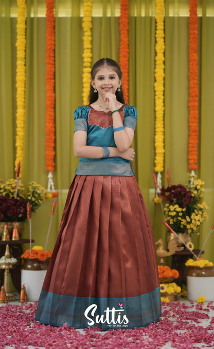 Blended Silk Pavadai Sattai - Brownish copper and Teal Kids-Suttis