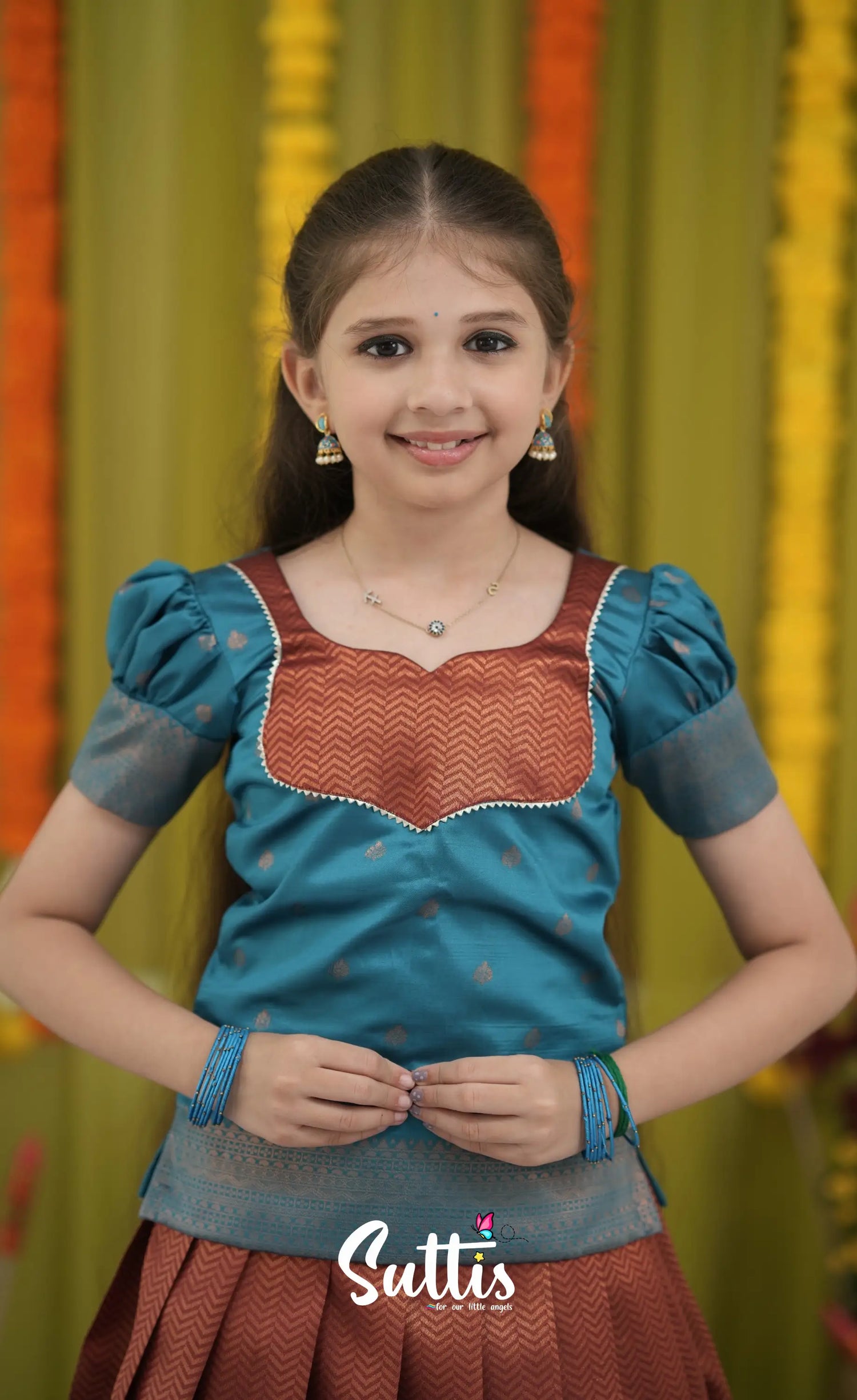 Blended Silk Pavadai Sattai - Brownish copper and Teal Kids-Suttis