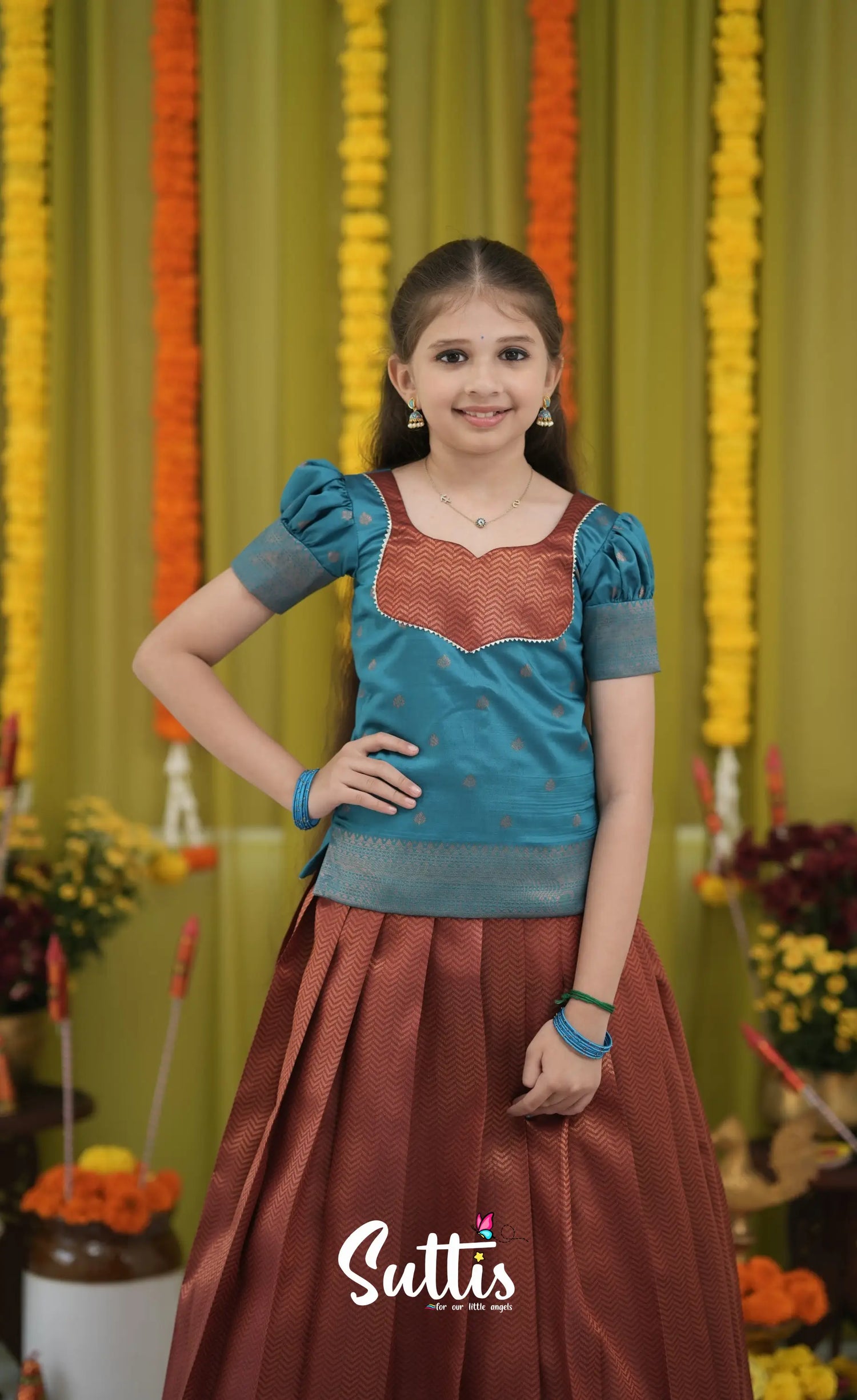 Blended Silk Pavadai Sattai - Brownish copper and Teal Kids-Suttis