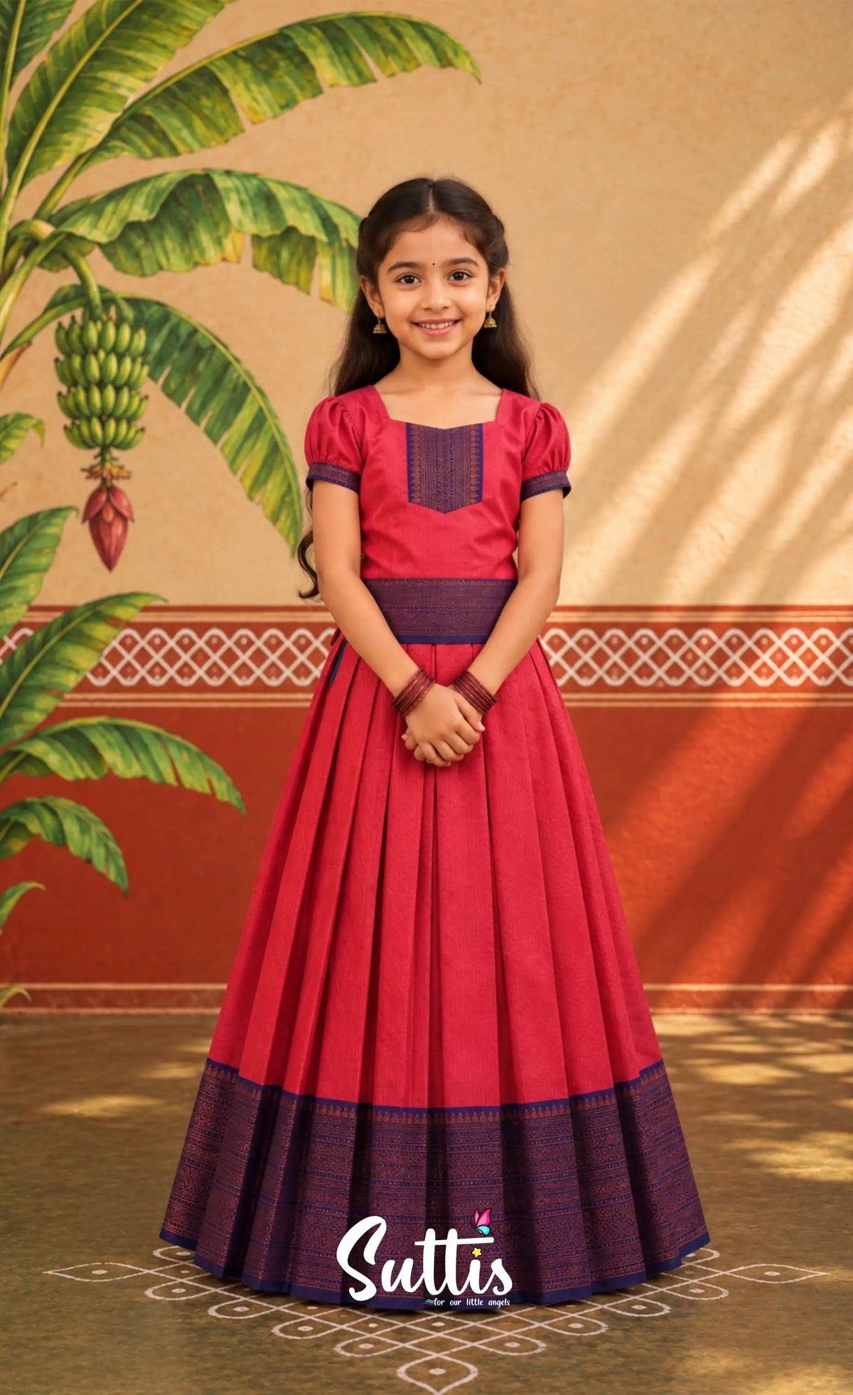 Blended Silk Pavadai Sattai - Coral Orange and Deep Blue - Kids-Suttis