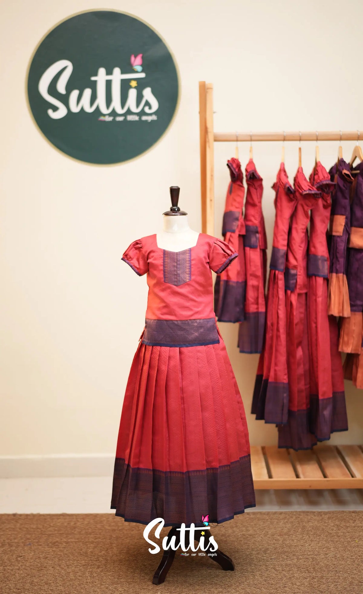 Blended Silk Pavadai Sattai - Coral Orange and Deep Blue - Kids-Suttis
