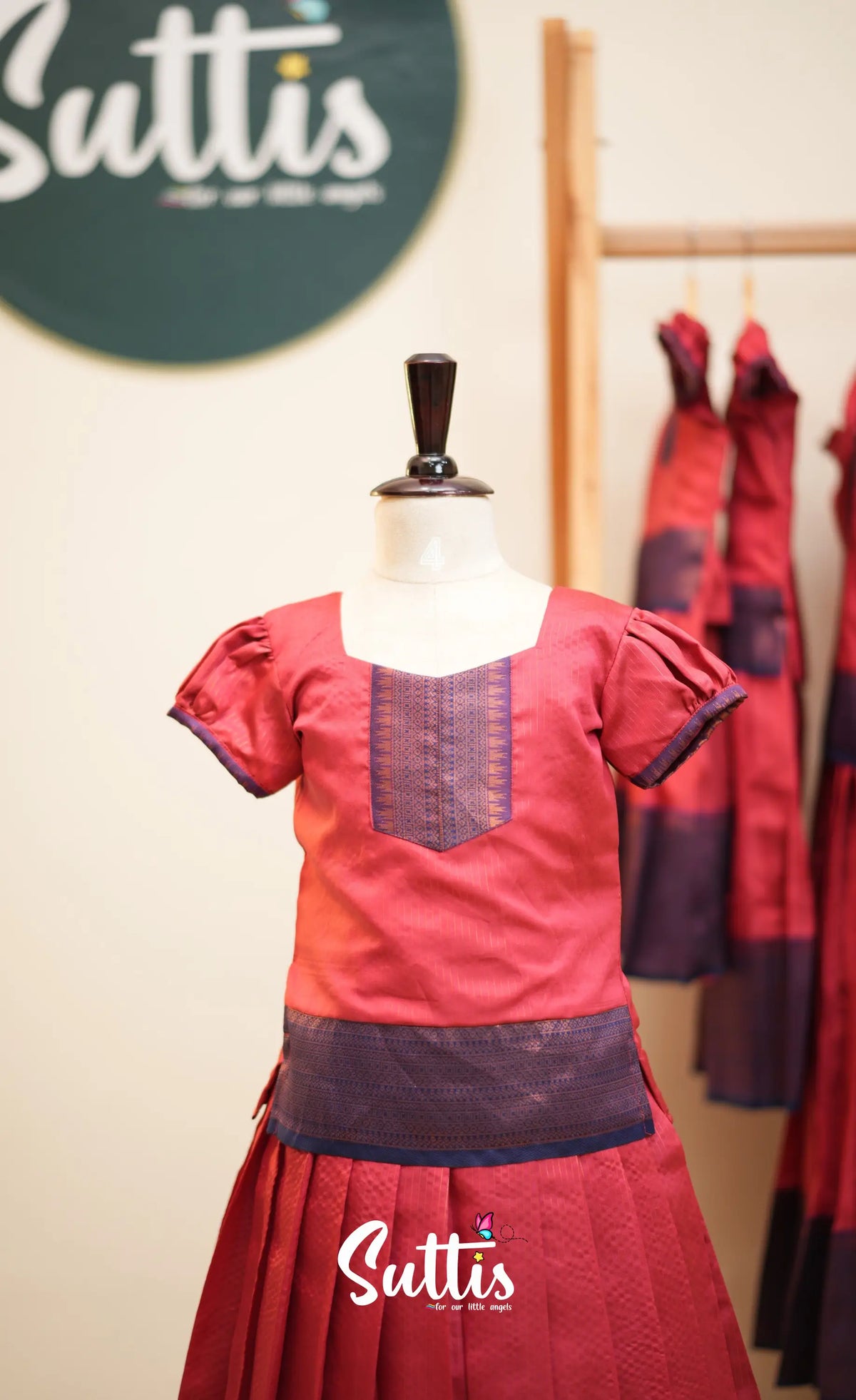 Blended Silk Pavadai Sattai - Coral Orange and Deep Blue - Kids-Suttis