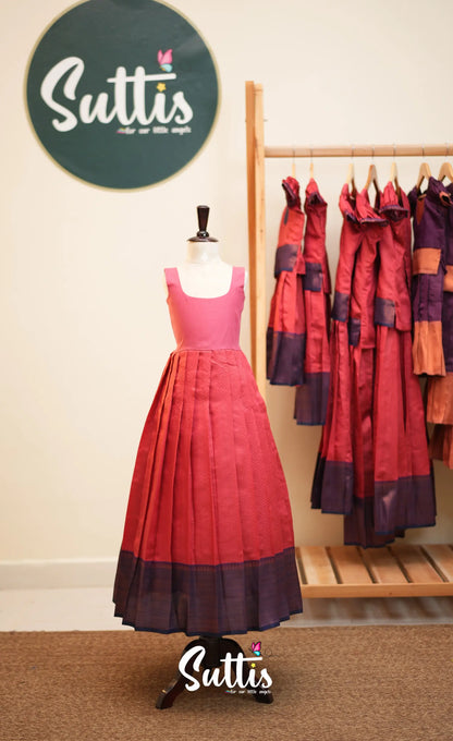 Blended Silk Pavadai Sattai - Coral Orange and Deep Blue - Kids-Suttis