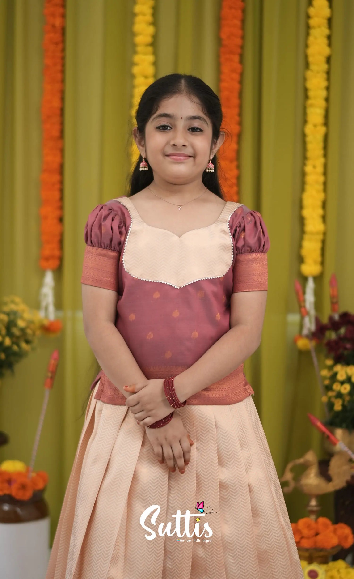 Blended Silk Pavadai Sattai - Cream and dull Maroon Kids-Suttis