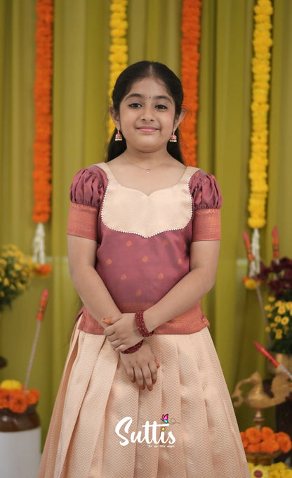 Blended Silk Pavadai Sattai - Cream and dull Maroon Kids-Suttis