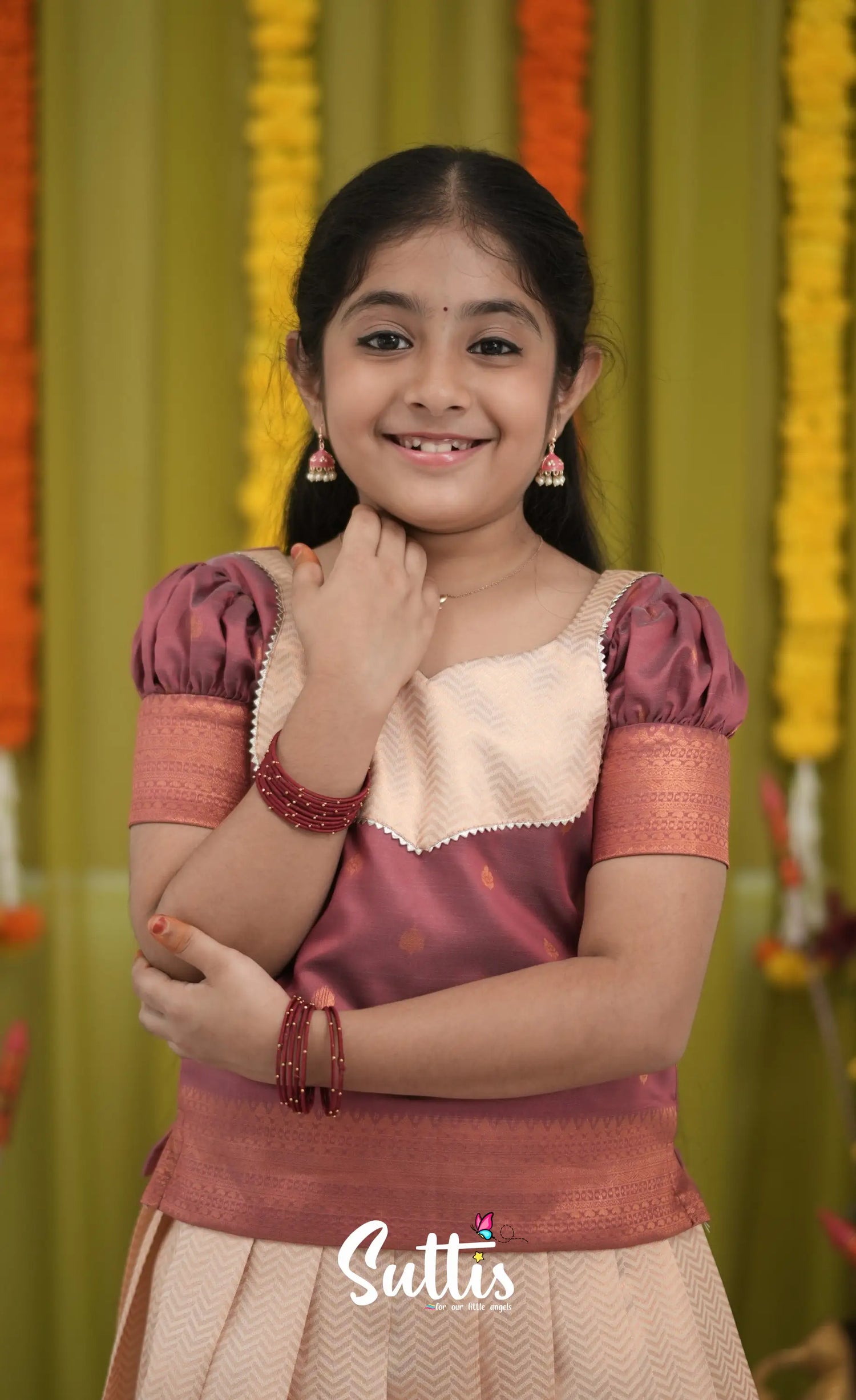 Blended Silk Pavadai Sattai - Cream and dull Maroon Kids-Suttis