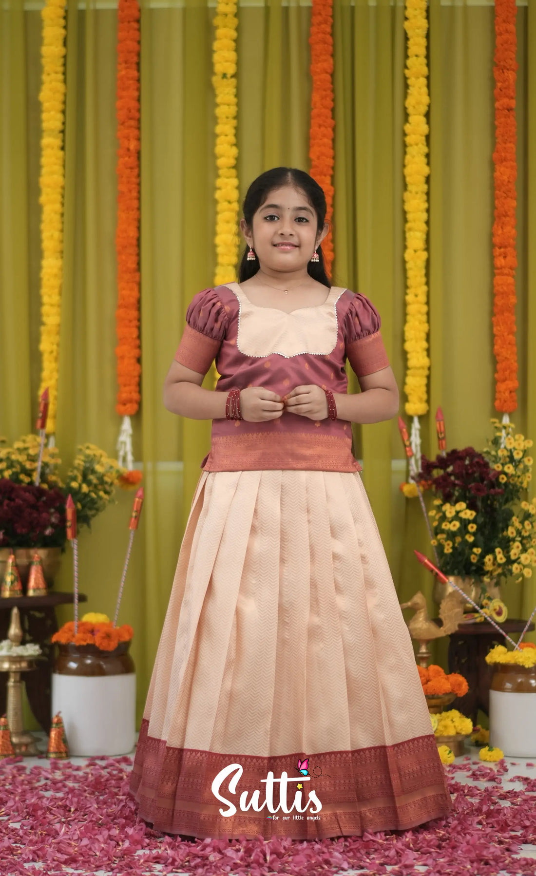 Blended Silk Pavadai Sattai - Cream and dull Maroon Kids-Suttis