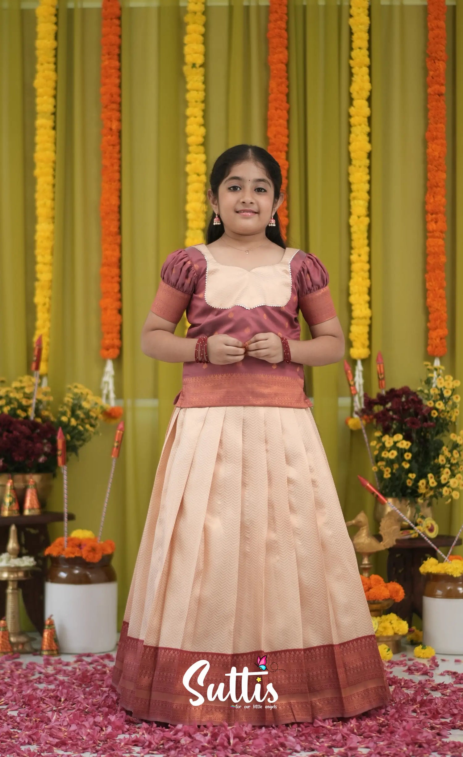 Blended Silk Pavadai Sattai - Cream and dull Maroon Kids-Suttis