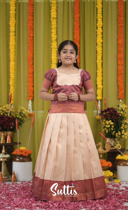 Blended Silk Pavadai Sattai - Cream and dull Maroon Kids-Suttis