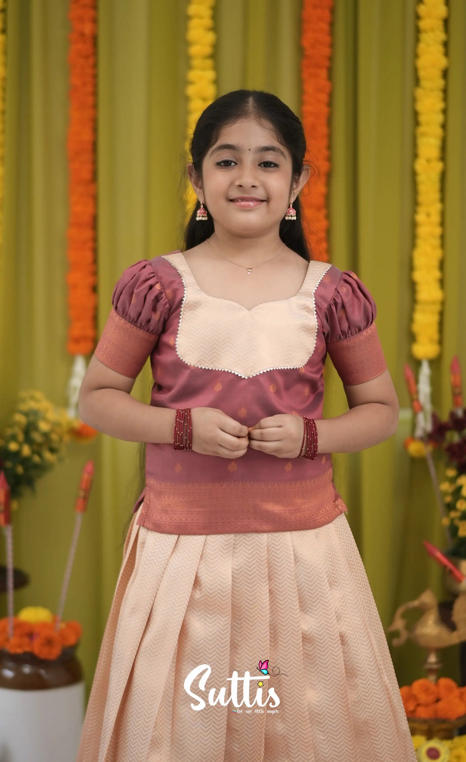Blended Silk Pavadai Sattai - Cream and dull Maroon Kids-Suttis