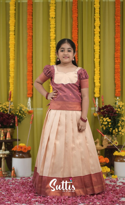 Blended Silk Pavadai Sattai - Cream and dull Maroon Kids-Suttis
