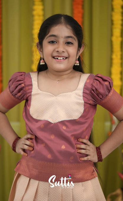 Blended Silk Pavadai Sattai - Cream and dull Maroon Kids-Suttis