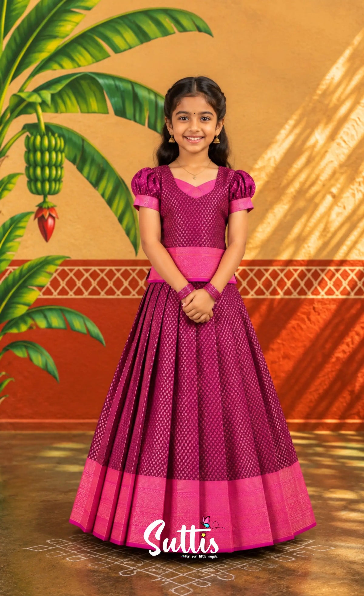 Blended Silk Pavadai Sattai - Dark Magenta and Pink - Kids-Suttis