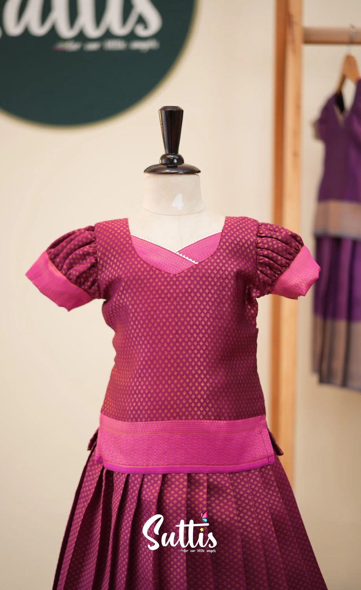 Blended Silk Pavadai Sattai - Dark Magenta and Pink - Kids-Suttis