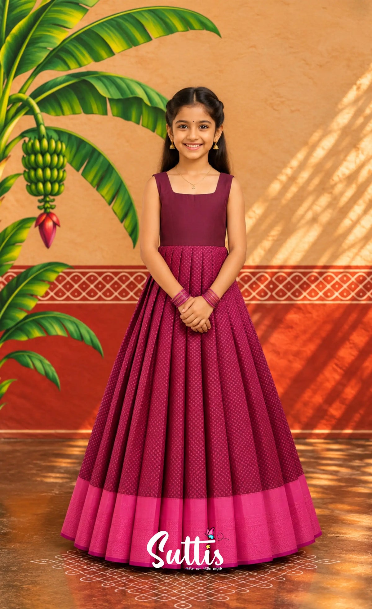Blended Silk Pavadai Sattai - Dark Magenta and Pink - Kids-Suttis