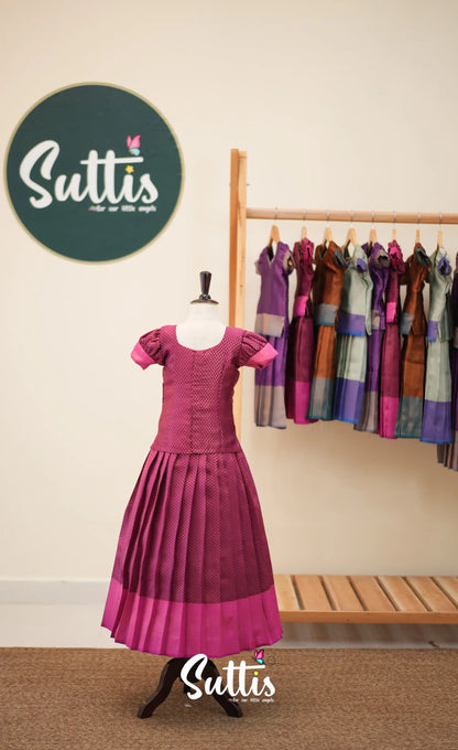 Blended Silk Pavadai Sattai - Dark Magenta and Pink - Kids-Suttis