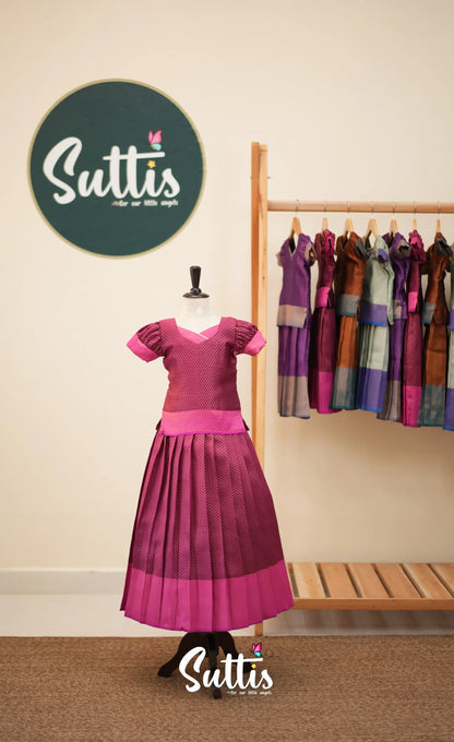 Blended Silk Pavadai Sattai - Dark Magenta and Pink - Kids-Suttis