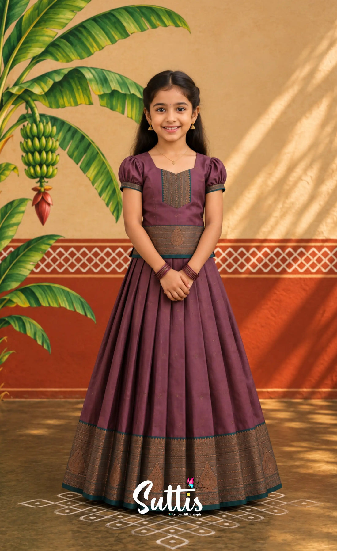 Blended Silk Pavadai Sattai - Dark Maroon and Deep Green - Kids-Suttis