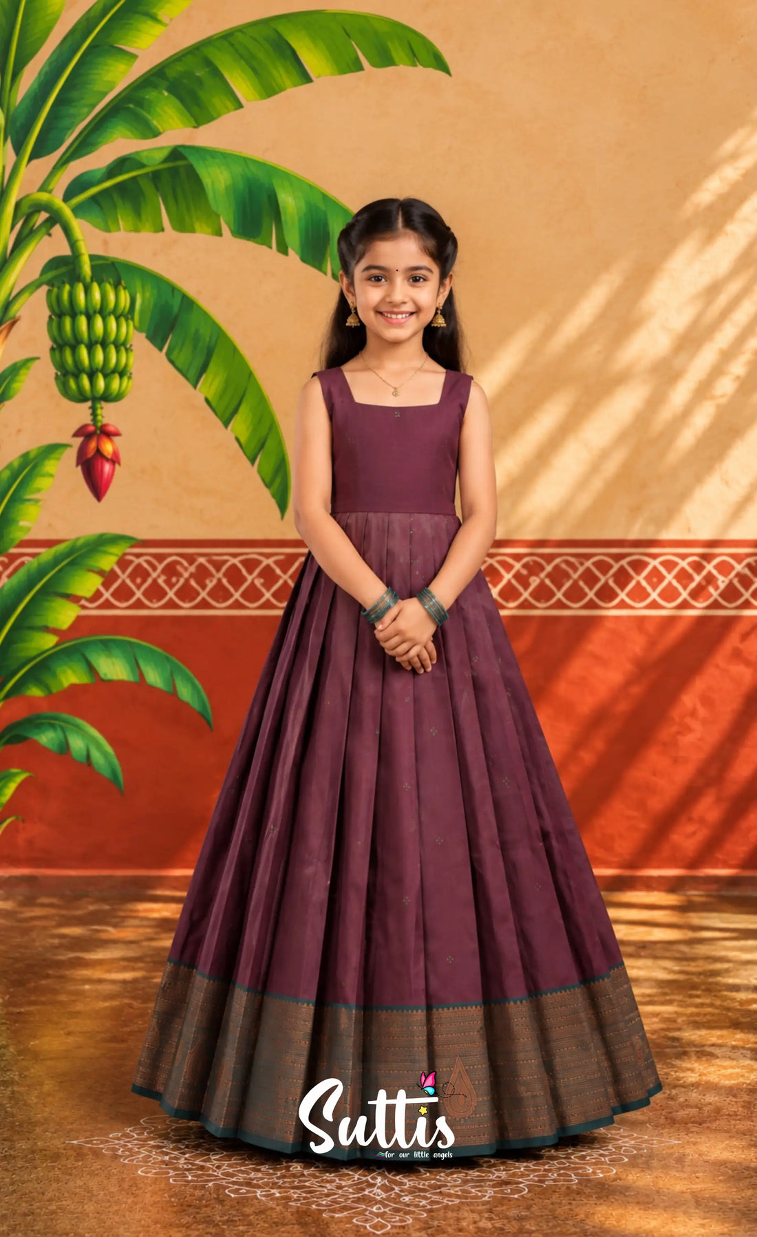 Blended Silk Pavadai Sattai - Dark Maroon and Deep Green - Kids-Suttis