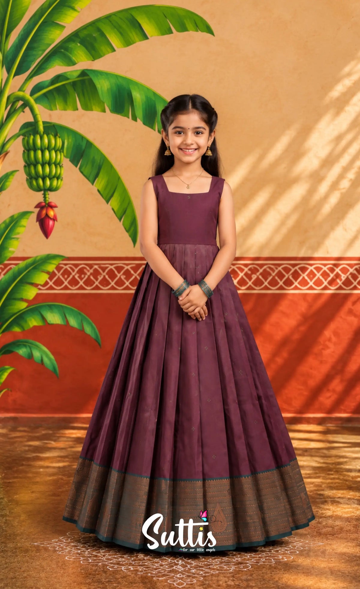 Blended Silk Pavadai Sattai - Dark Maroon and Deep Green - Kids-Suttis