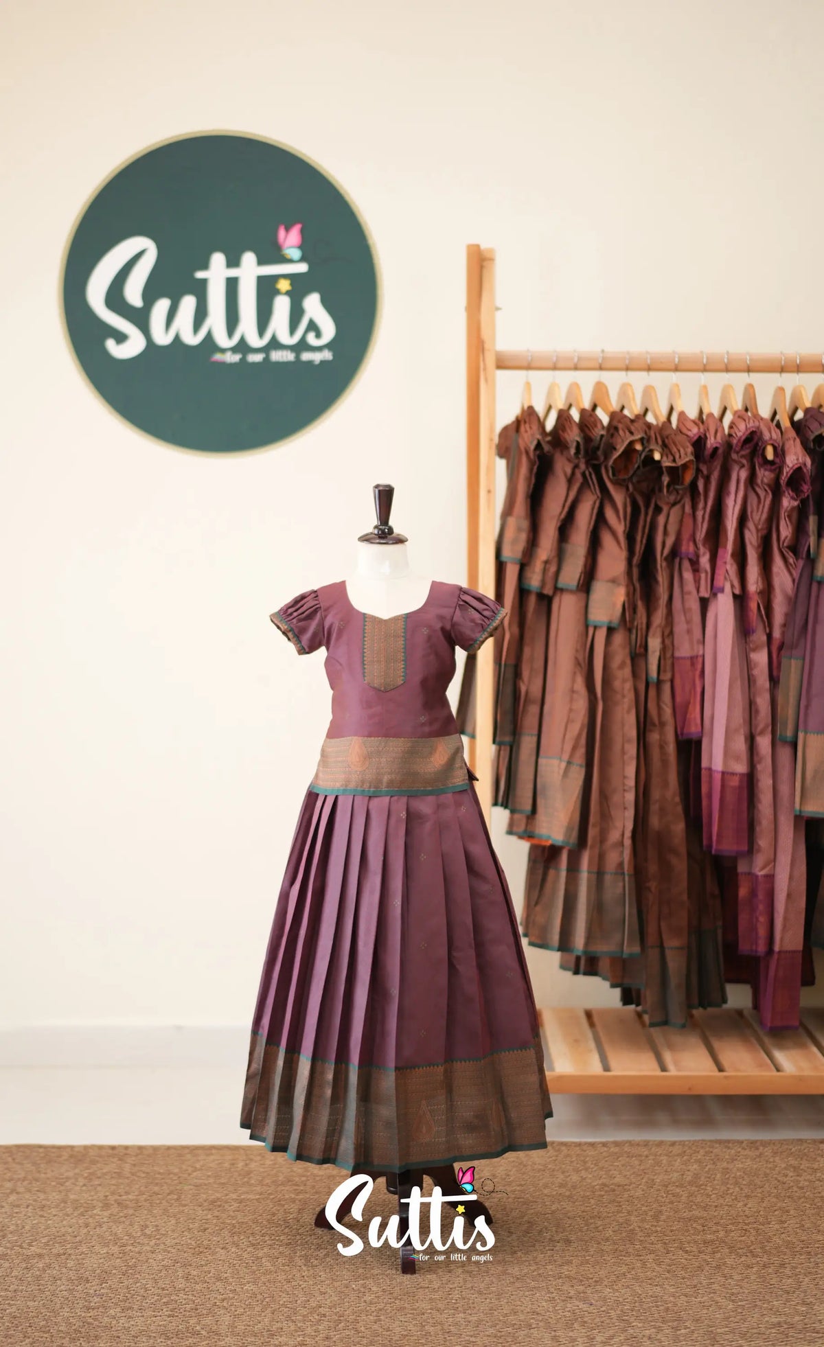 Blended Silk Pavadai Sattai - Dark Maroon and Deep Green - Kids-Suttis