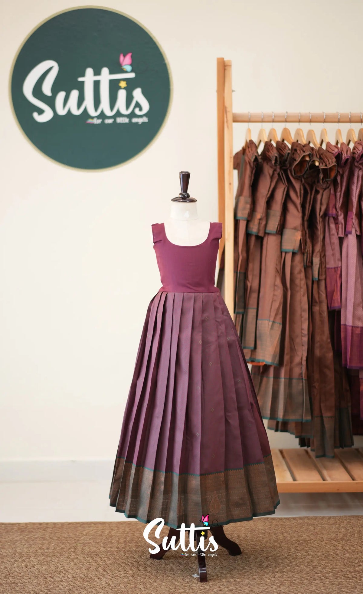 Blended Silk Pavadai Sattai - Dark Maroon and Deep Green - Kids-Suttis