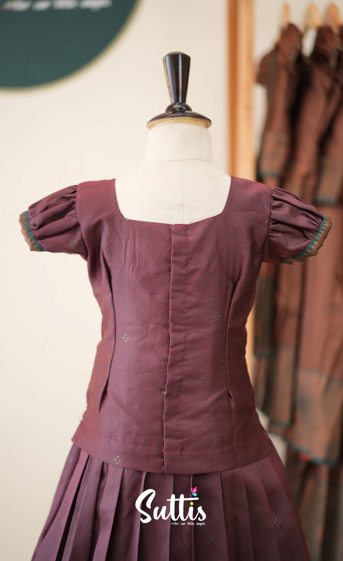 Blended Silk Pavadai Sattai - Dark Maroon and Deep Green - Kids-Suttis