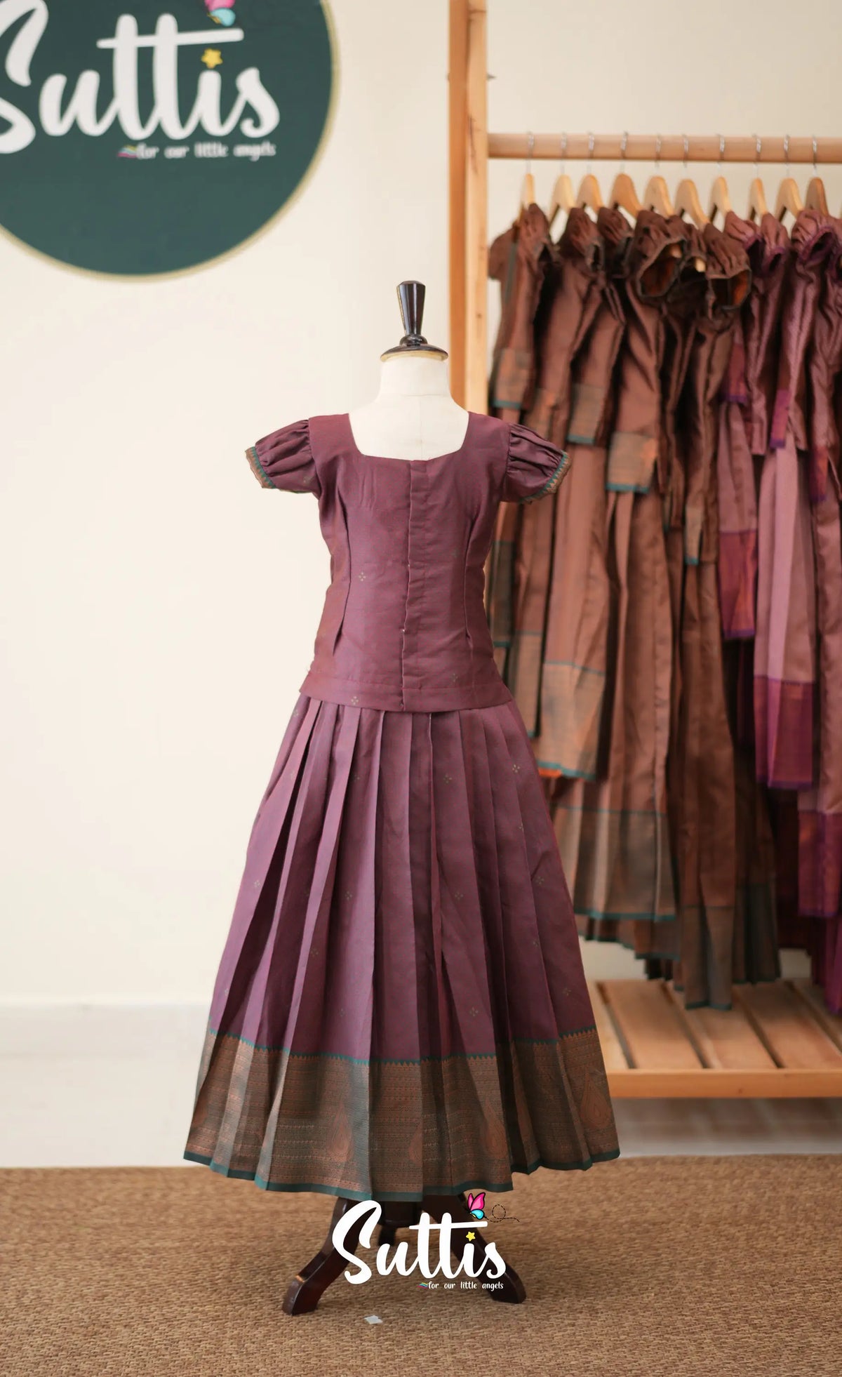 Blended Silk Pavadai Sattai - Dark Maroon and Deep Green - Kids-Suttis