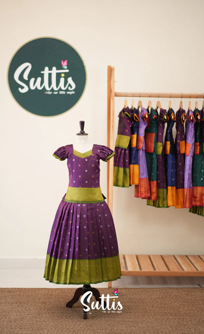 Blended Silk Pavadai Sattai - Dark Purple and Leaf Green - Kids-Suttis