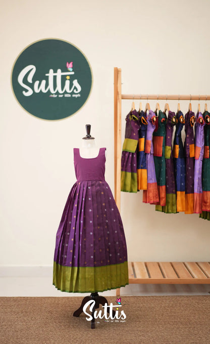 Blended Silk Pavadai Sattai - Dark Purple and Leaf Green - Kids-Suttis